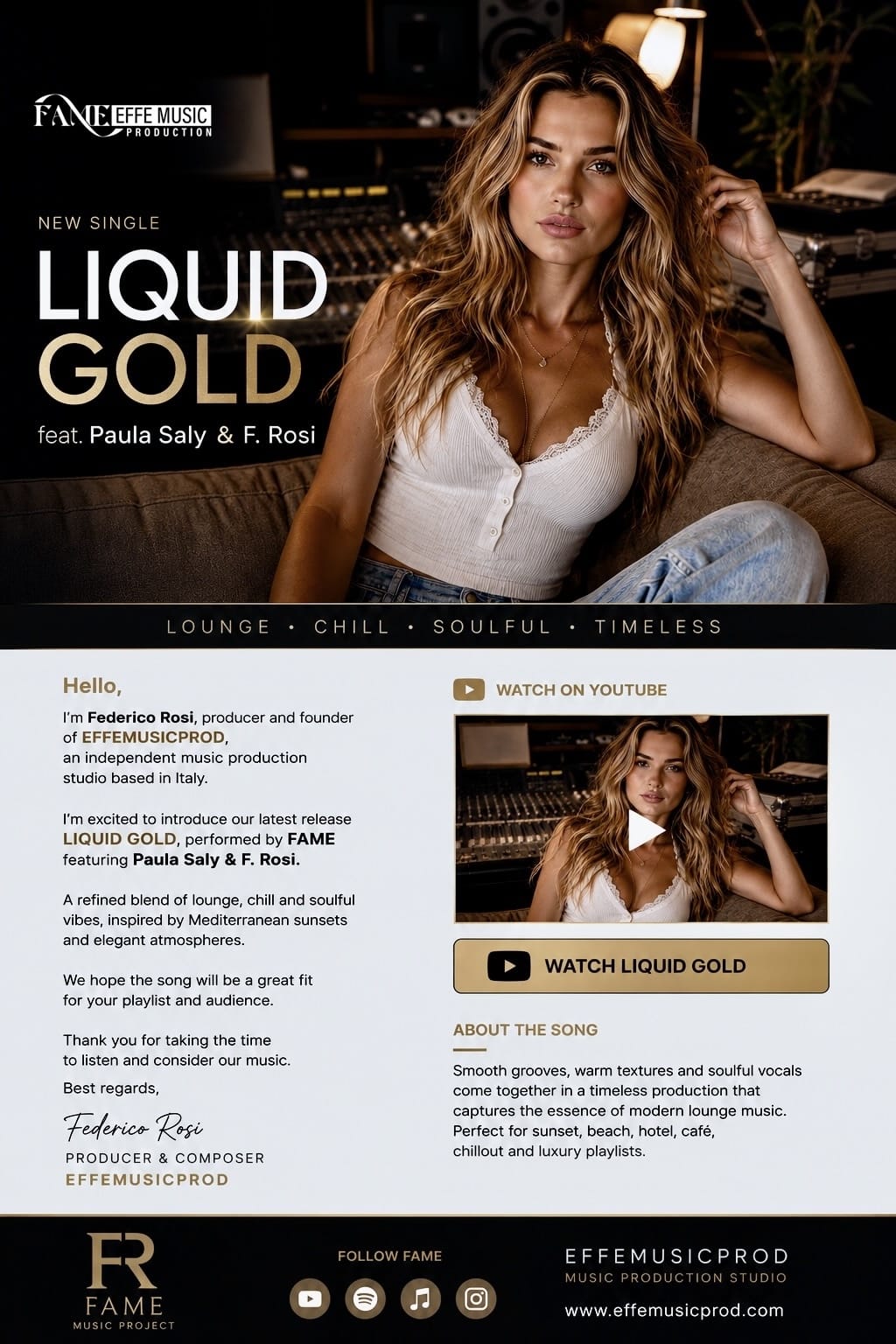 Liquid Gold new single cover art - FAME featuring Paula Saly and F. Rosi - lounge chill soulful music