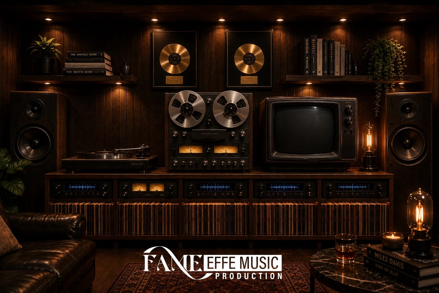 EFFEMUSICPROD Listening Room with vintage audio equipment, reel-to-reel tape recorder, turntable and vinyl collection